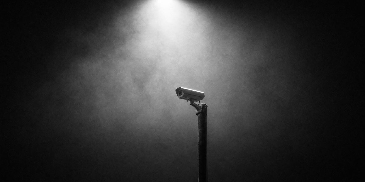 A security camera on a pole under a single beam of light in the dark