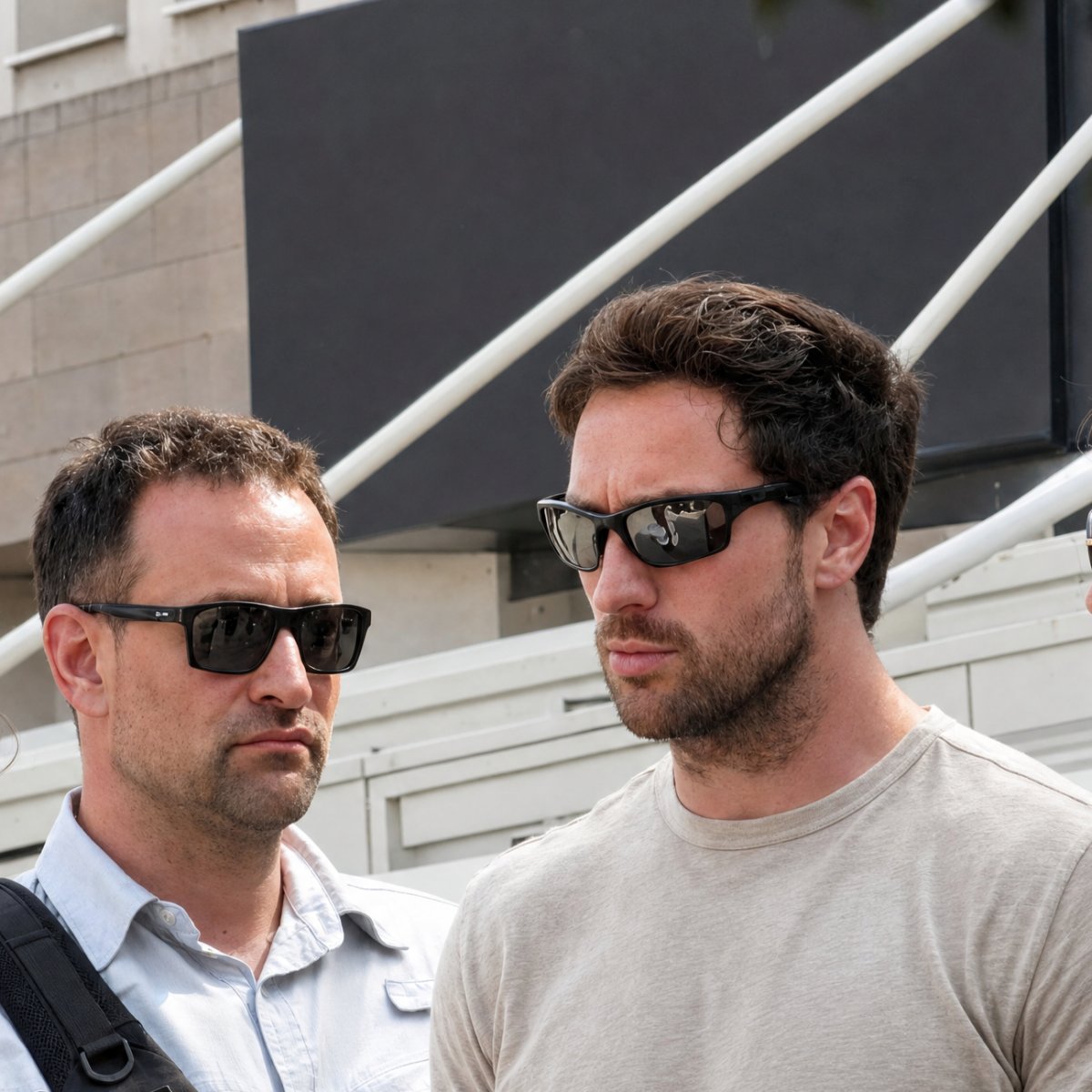 Aaron Taylor-Johnson, şehir sokağında güneş gözlüklü bir Agun Security görevlisinin yanında