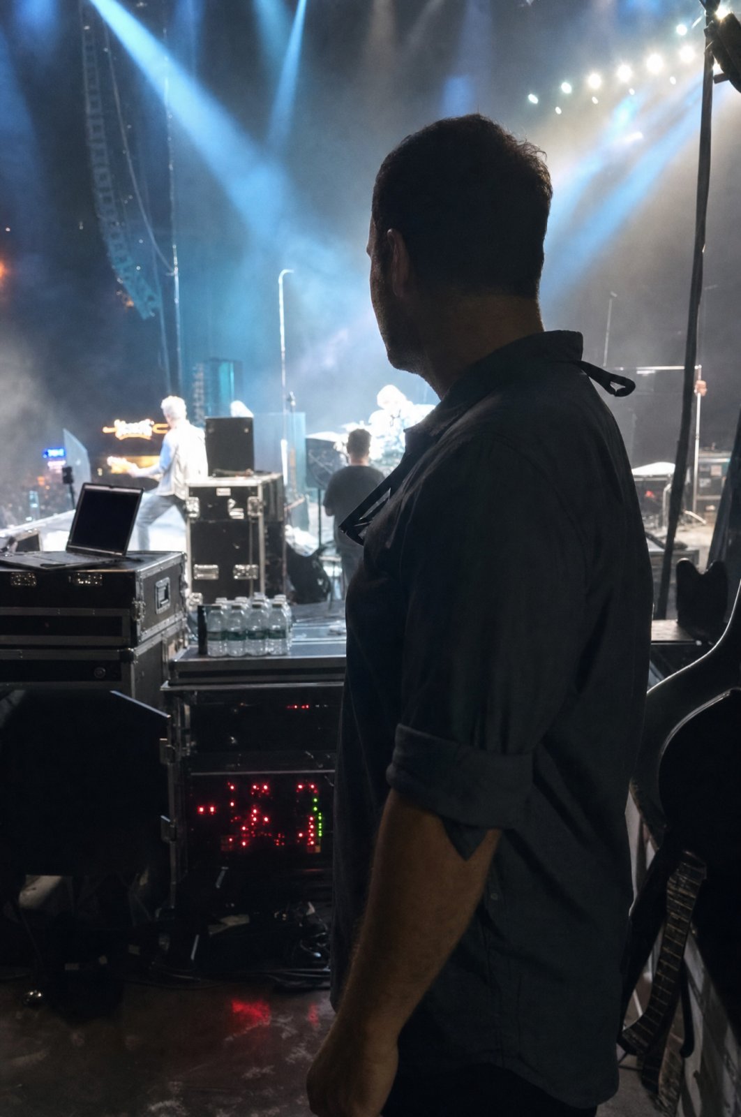 Deep Purple mavi ışıklar altında sahnede, sahne kenarında bir Agun Security görevlisi