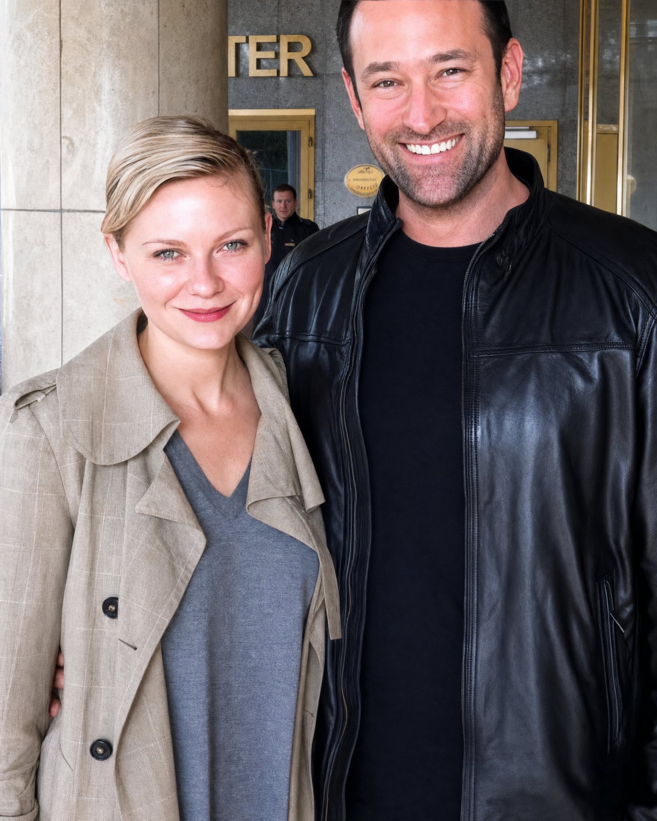 Kirsten Dunst, bir otel girişinde Agun Security ile gülümserken
