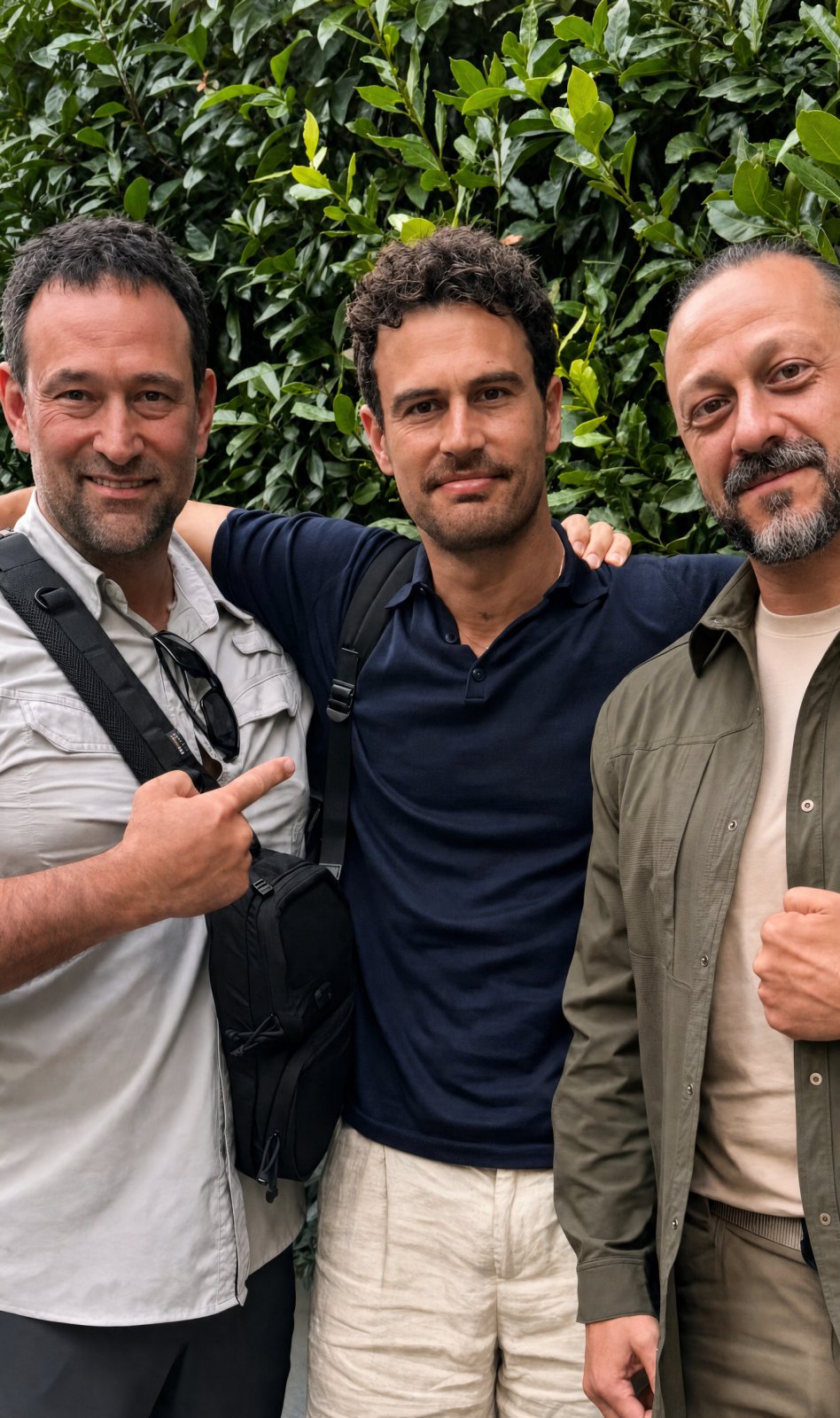 Theo James, yeşillik önünde iki Agun Security görevlisiyle