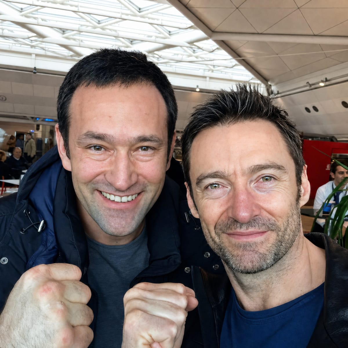 Hugh Jackman, havalimanında Agun Security ile yumrukları havada gülümserken