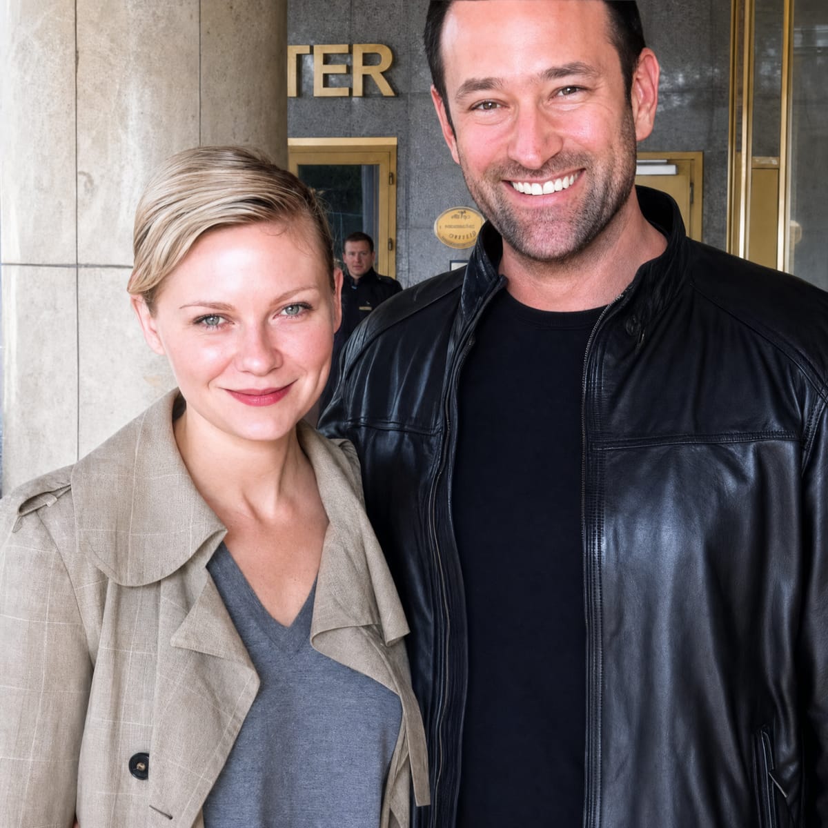 Kirsten Dunst, bir otel girişinde Agun Security ile gülümserken